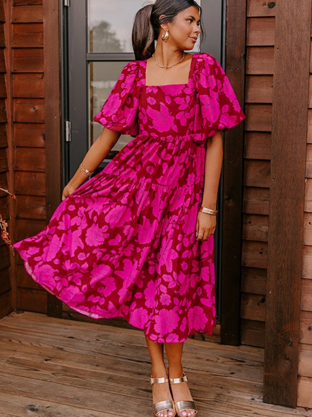 vestique Magenta Floral Midi Dress with Square Neck